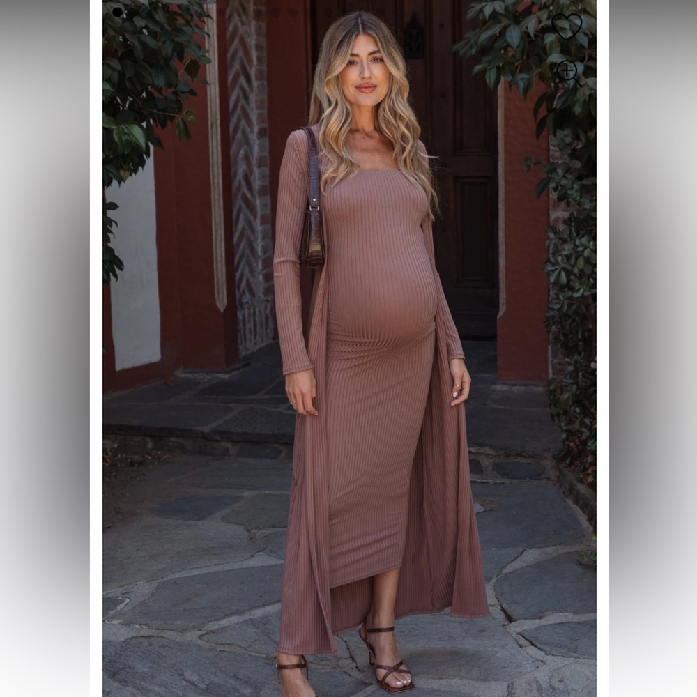 Pinkblush maternity Mocha Ribbed Sleeveless Dress Cardigan Maternity Set